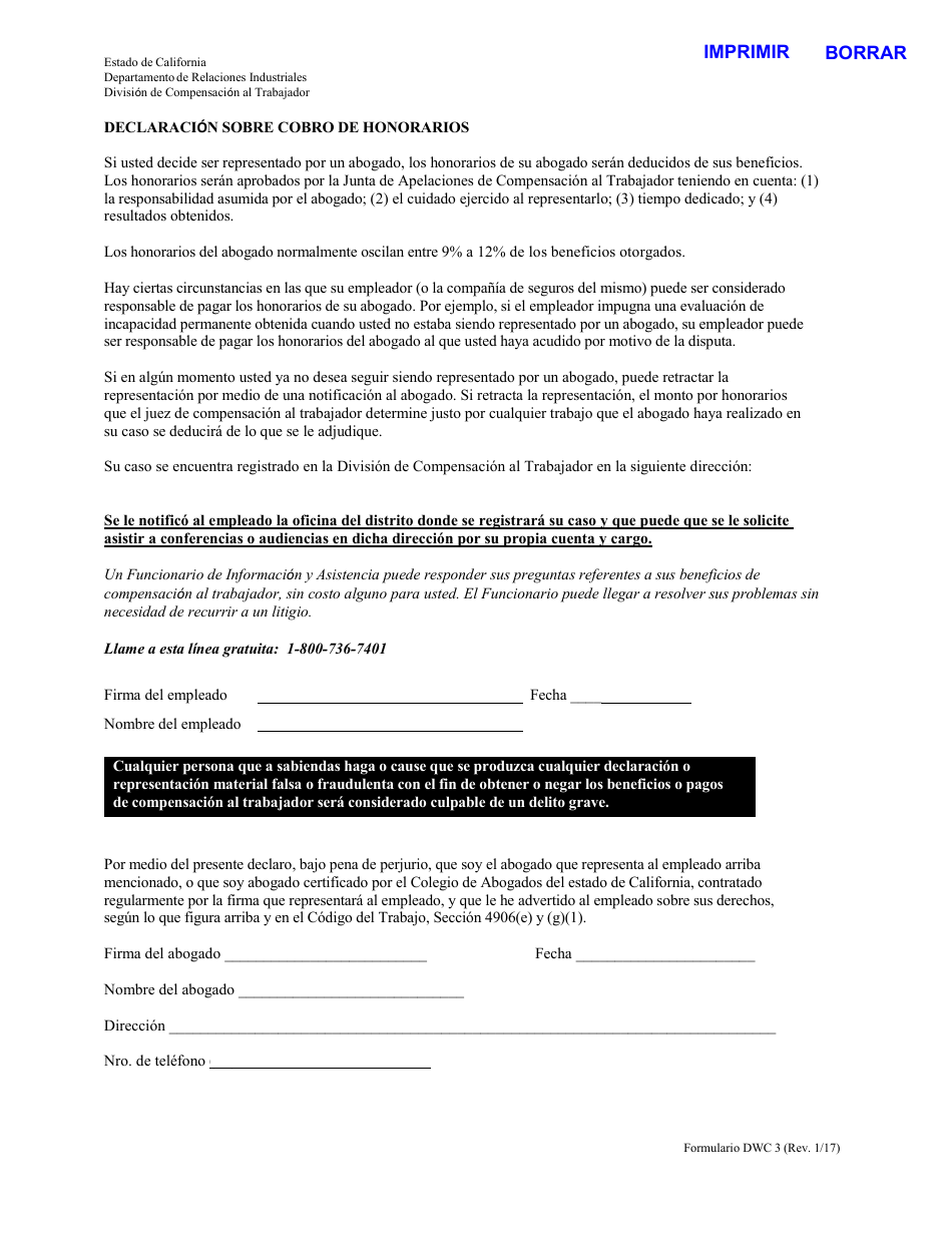 DWC Formulario 3 Declaracion Sobre Cobro De Honorarios - California (Spanish), Page 1