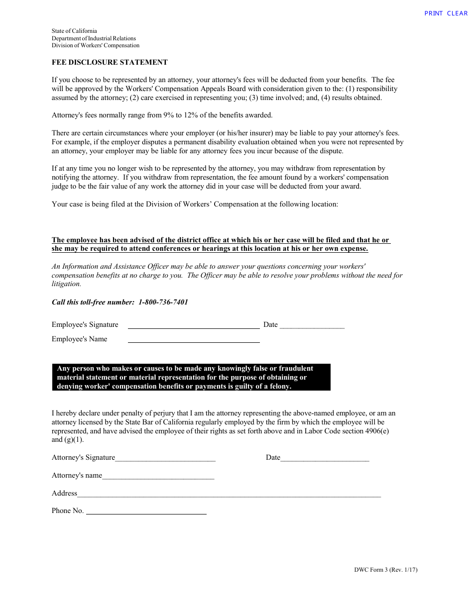 DWC Form 3 Fee Disclosure Statement - California, Page 1