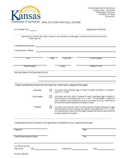 Application for Egg License - Kansas Download Pdf
