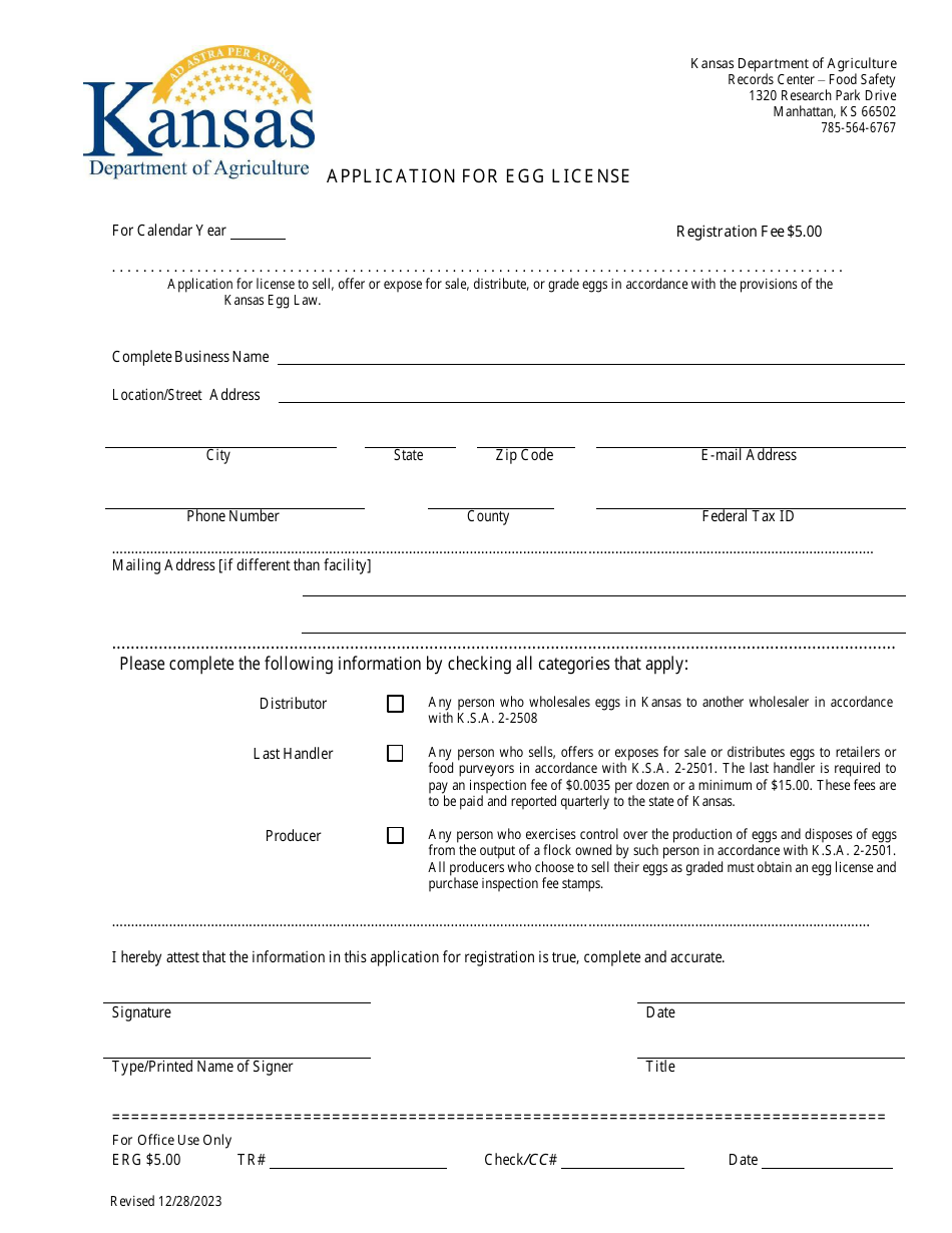 Application for Egg License - Kansas, Page 1