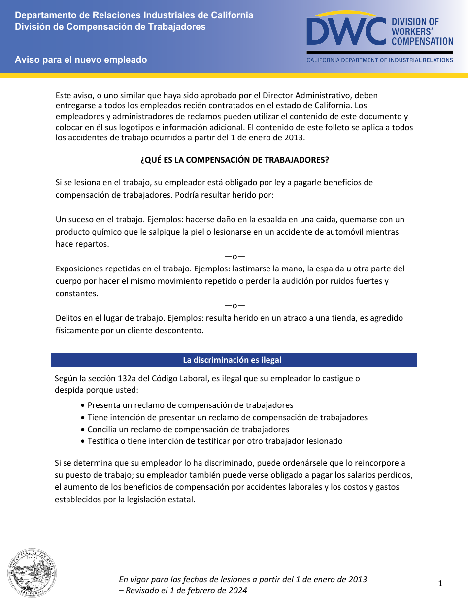 Aviso Para El Nuevo Empleado - California (Spanish), Page 1