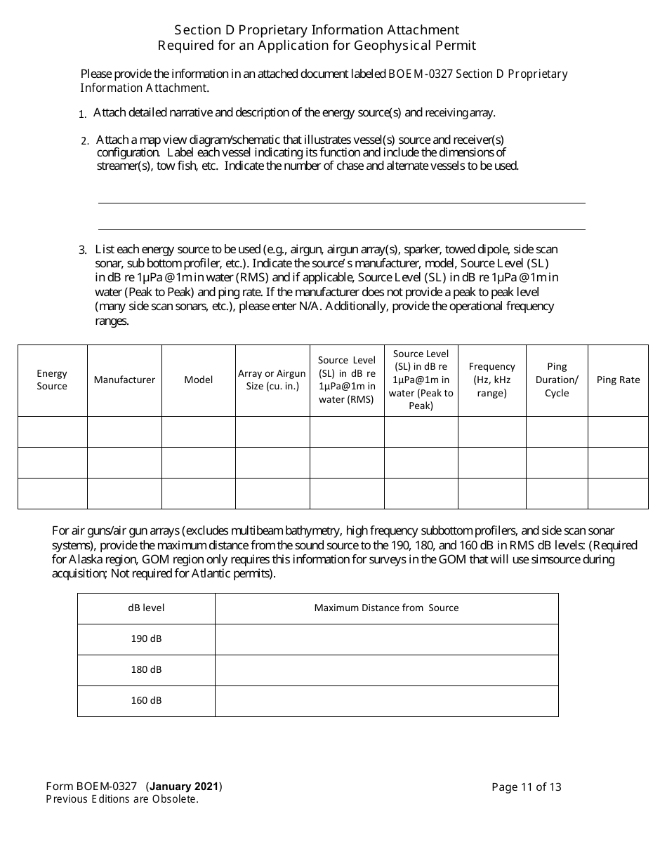 Form BOEM-0327 Application for Permit to Conduct Geological or Geophysical Exploration for Mineral Resources of Scientific Research on the Outer Continental Shelf, Page 11