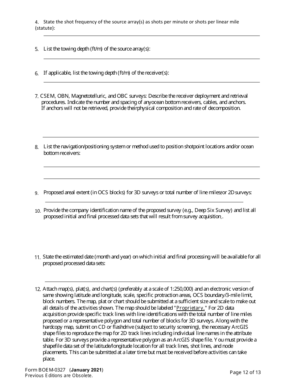 Form BOEM-0327 Application for Permit to Conduct Geological or Geophysical Exploration for Mineral Resources of Scientific Research on the Outer Continental Shelf, Page 12