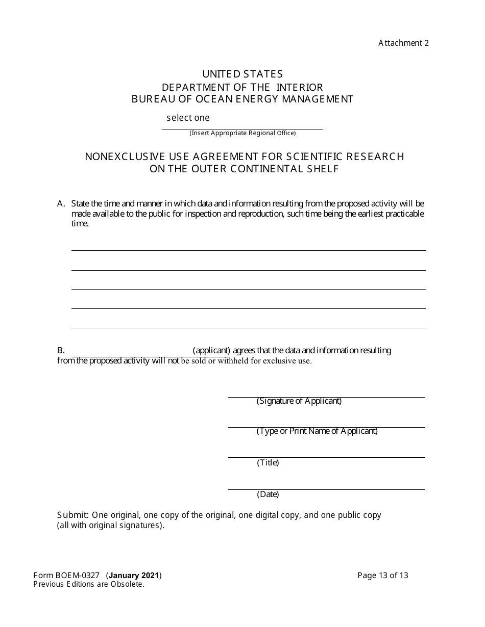 Form BOEM-0327 Application for Permit to Conduct Geological or Geophysical Exploration for Mineral Resources of Scientific Research on the Outer Continental Shelf, Page 13