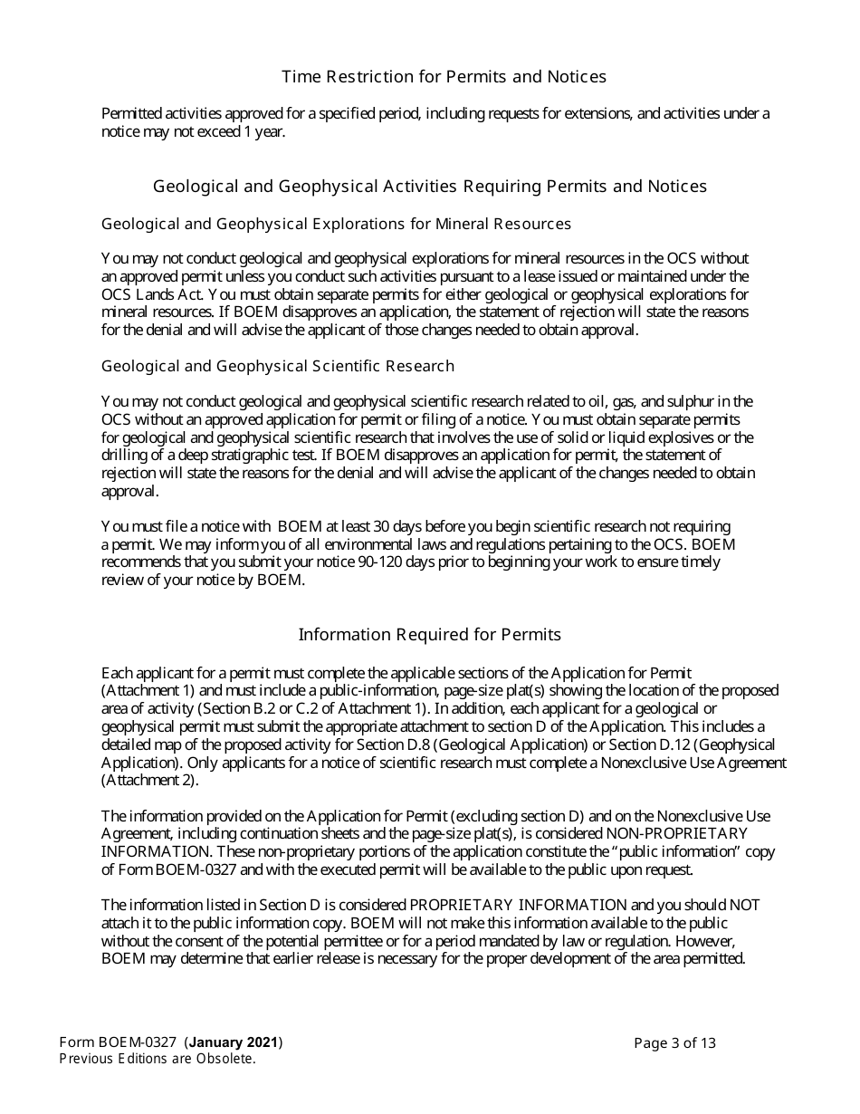 Form BOEM-0327 Application for Permit to Conduct Geological or Geophysical Exploration for Mineral Resources of Scientific Research on the Outer Continental Shelf, Page 3