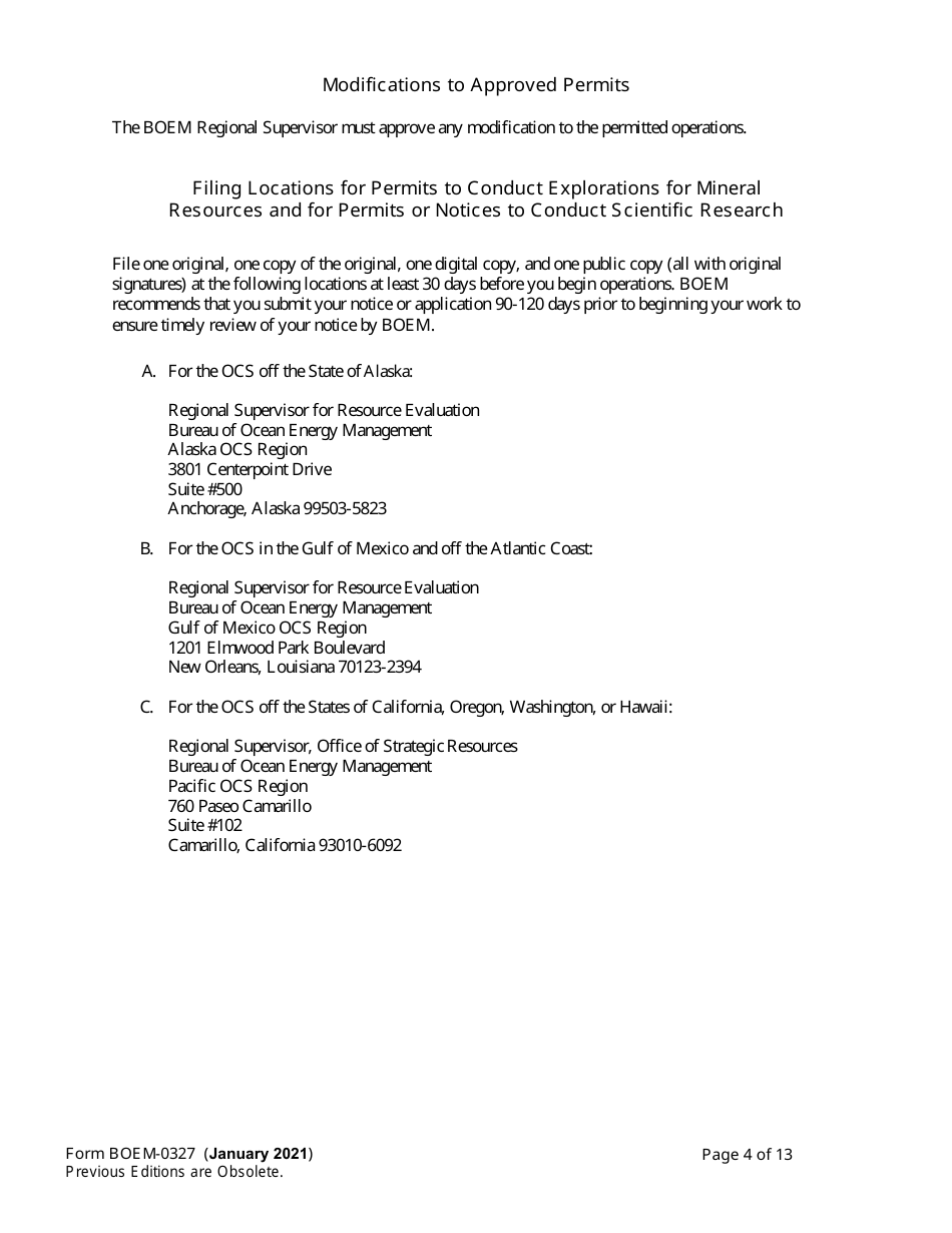 Form BOEM-0327 Application for Permit to Conduct Geological or Geophysical Exploration for Mineral Resources of Scientific Research on the Outer Continental Shelf, Page 4