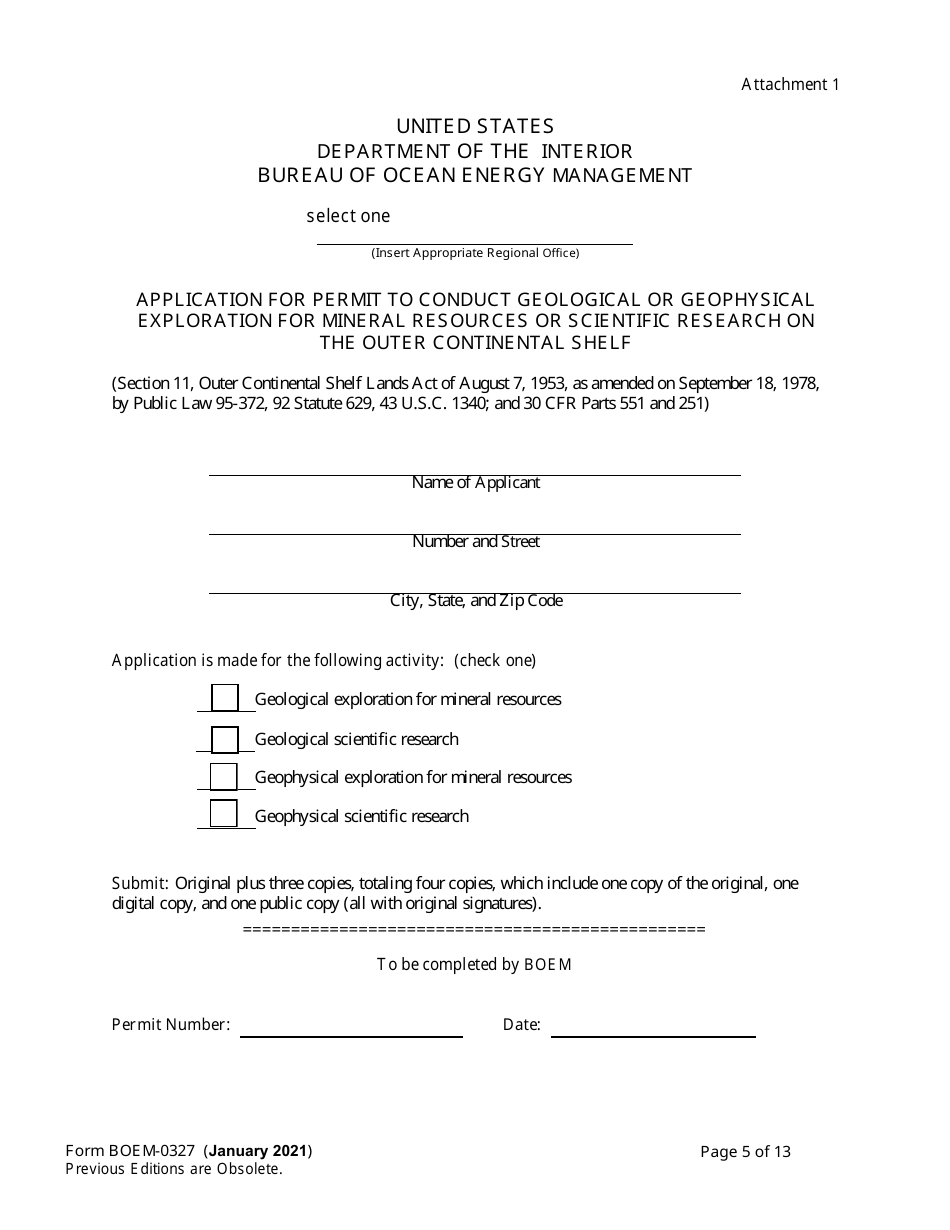 Form BOEM-0327 Application for Permit to Conduct Geological or Geophysical Exploration for Mineral Resources of Scientific Research on the Outer Continental Shelf, Page 5