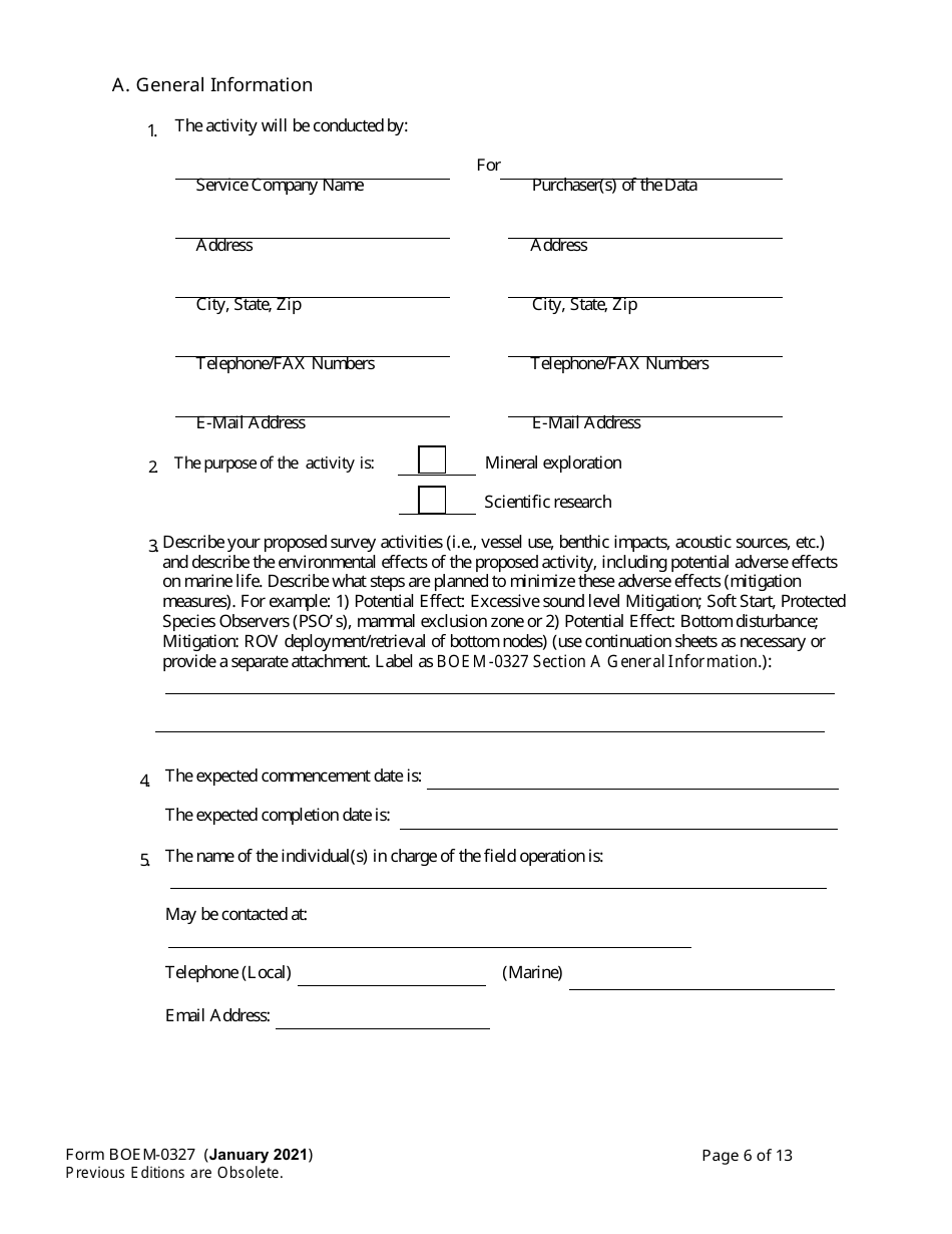 Form BOEM-0327 Application for Permit to Conduct Geological or Geophysical Exploration for Mineral Resources of Scientific Research on the Outer Continental Shelf, Page 6