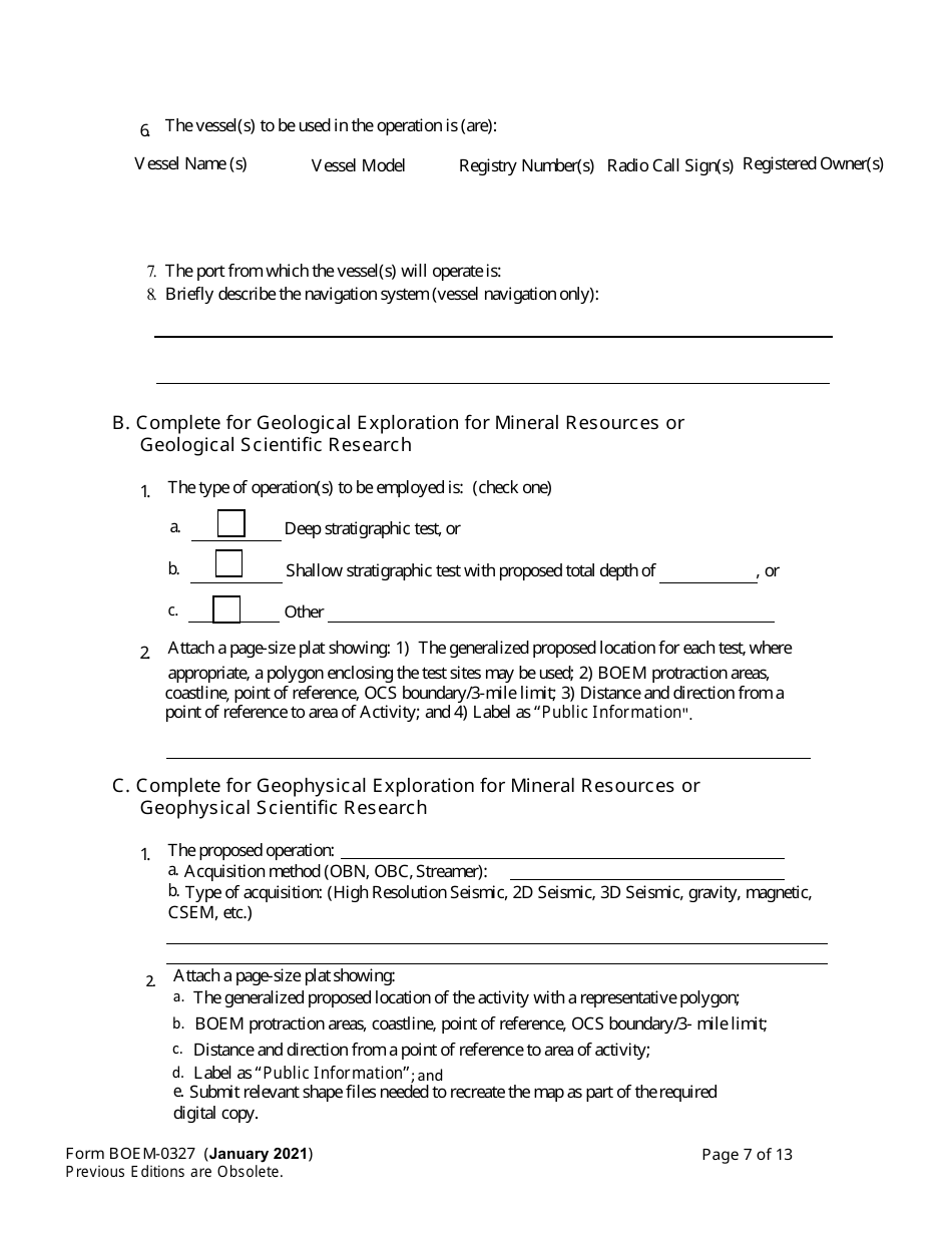 Form BOEM-0327 Application for Permit to Conduct Geological or Geophysical Exploration for Mineral Resources of Scientific Research on the Outer Continental Shelf, Page 7