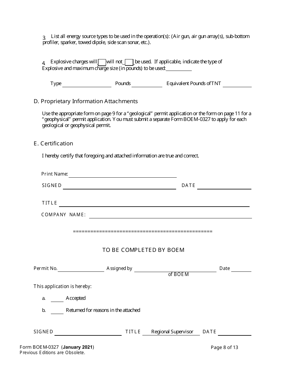 Form BOEM-0327 Application for Permit to Conduct Geological or Geophysical Exploration for Mineral Resources of Scientific Research on the Outer Continental Shelf, Page 8