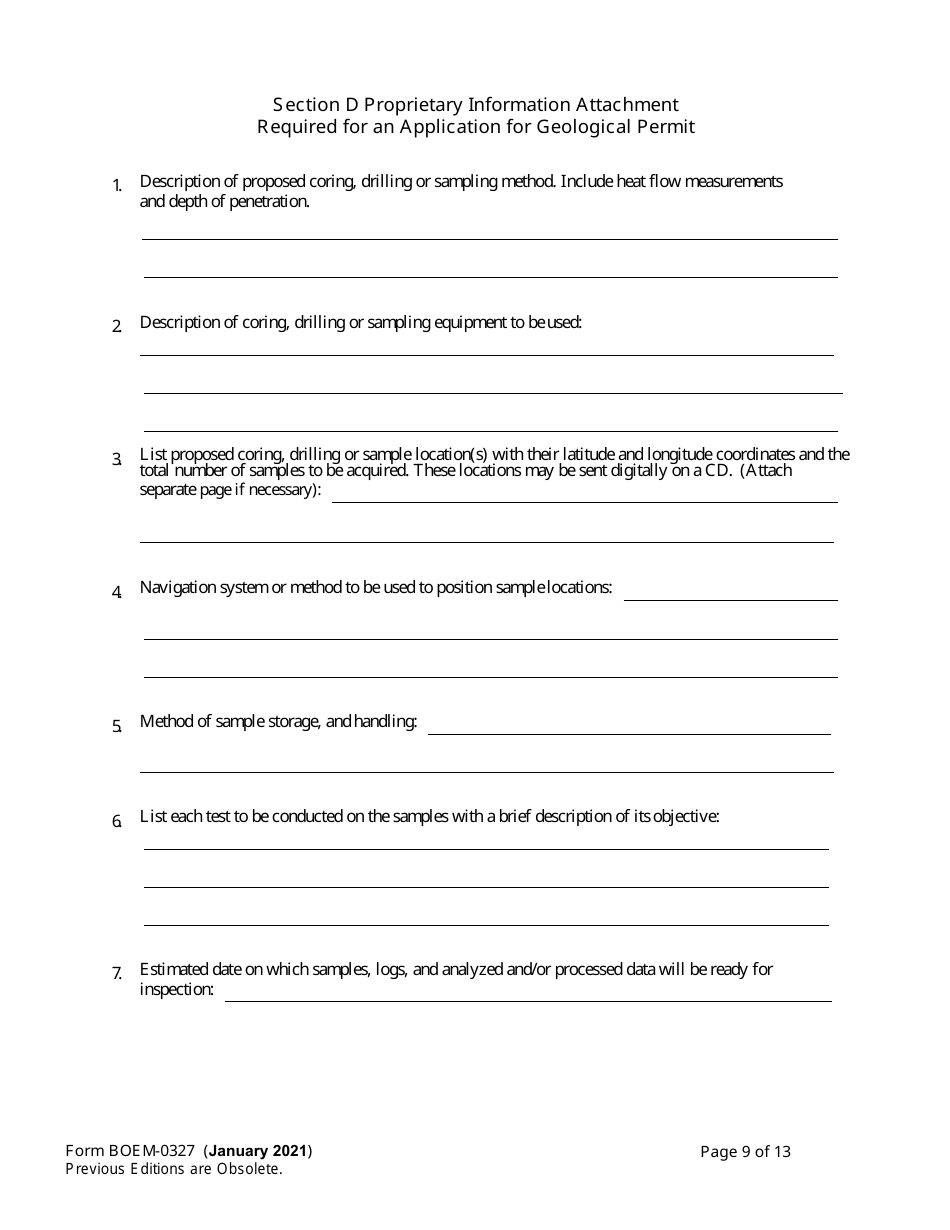 Form BOEM-0327 Application for Permit to Conduct Geological or Geophysical Exploration for Mineral Resources of Scientific Research on the Outer Continental Shelf, Page 9
