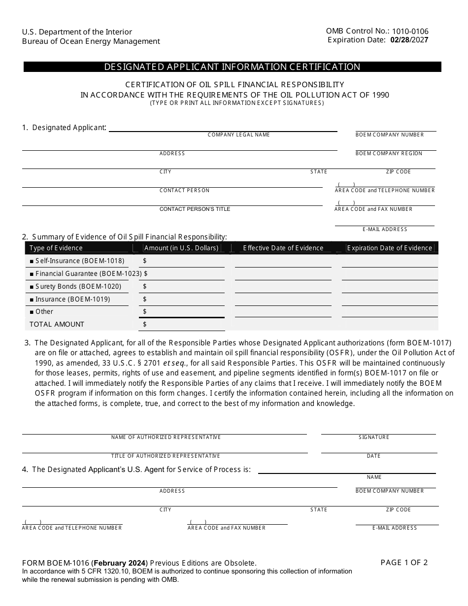 Form BOEM-1016 Designated Applicant Information Certification, Page 1