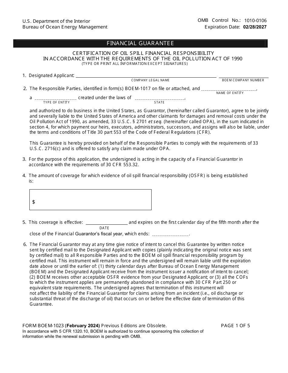 Form BOEM-1023 Financial Guarantee, Page 1