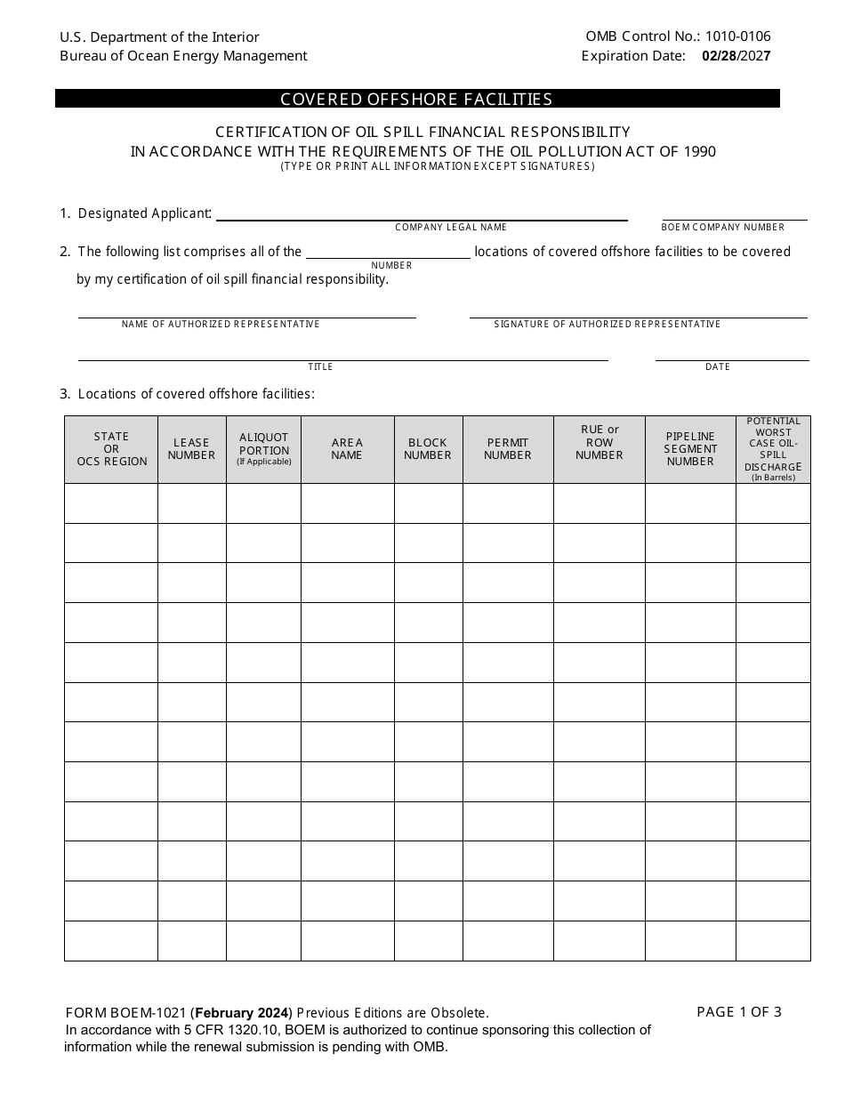Form BOEM-1021 Covered Offshore Facilities, Page 1