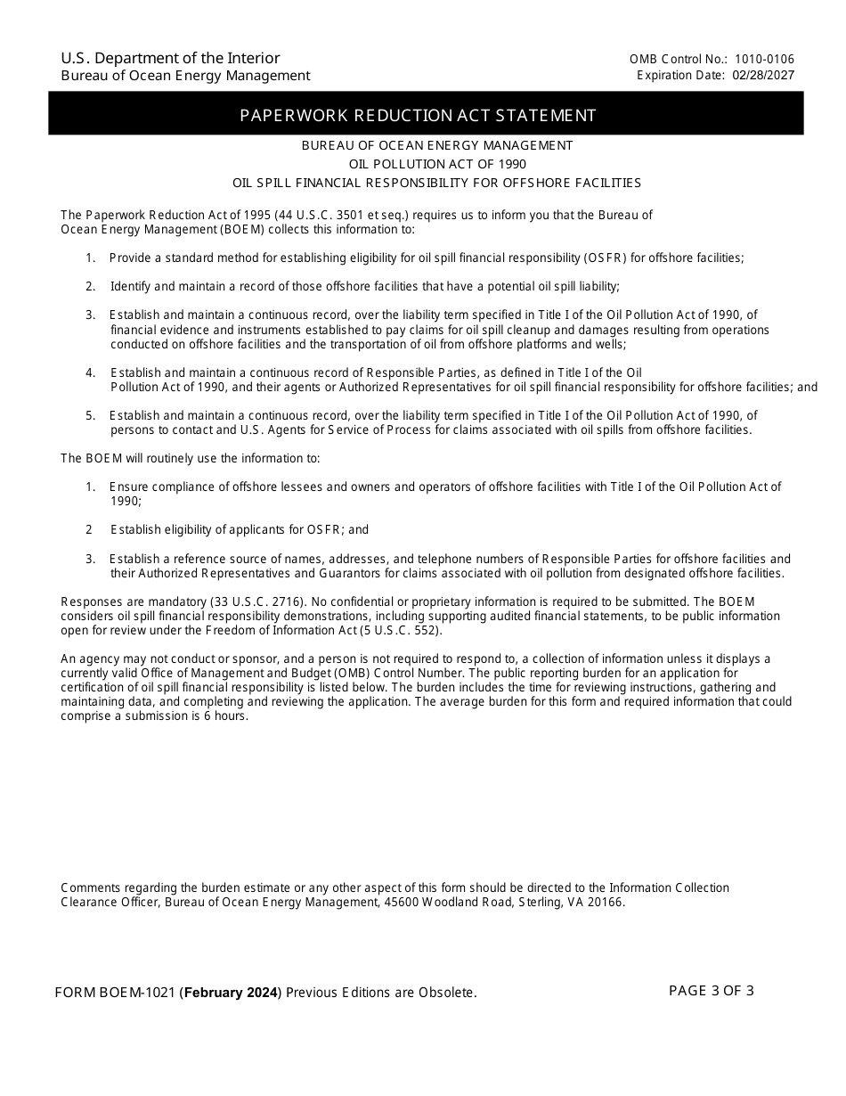 Form BOEM-1021 Covered Offshore Facilities, Page 3