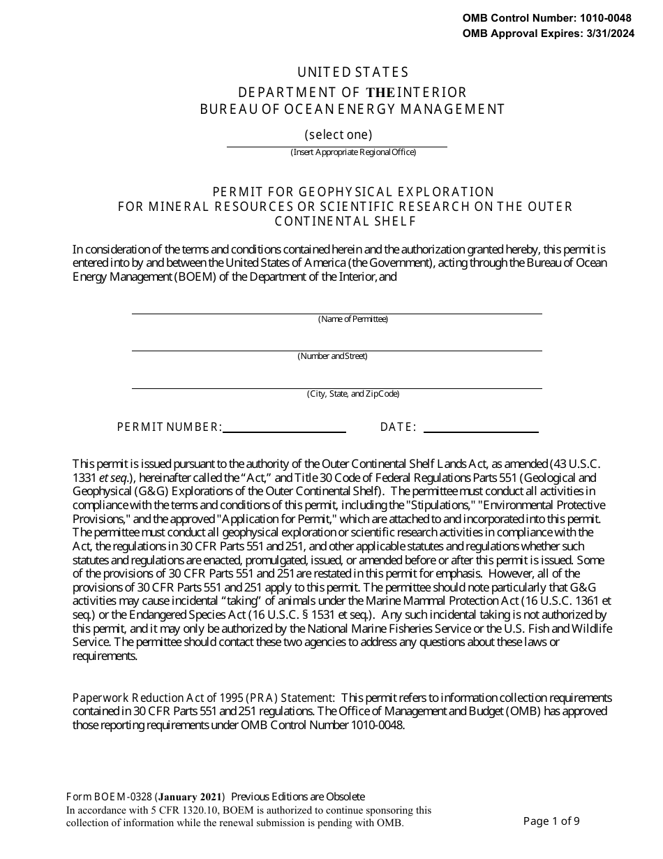 Form BOEM-0328 Permit for Geophysical Exploration for Mineral Resources or Scientific Research on the Outer Continental Shelf, Page 1
