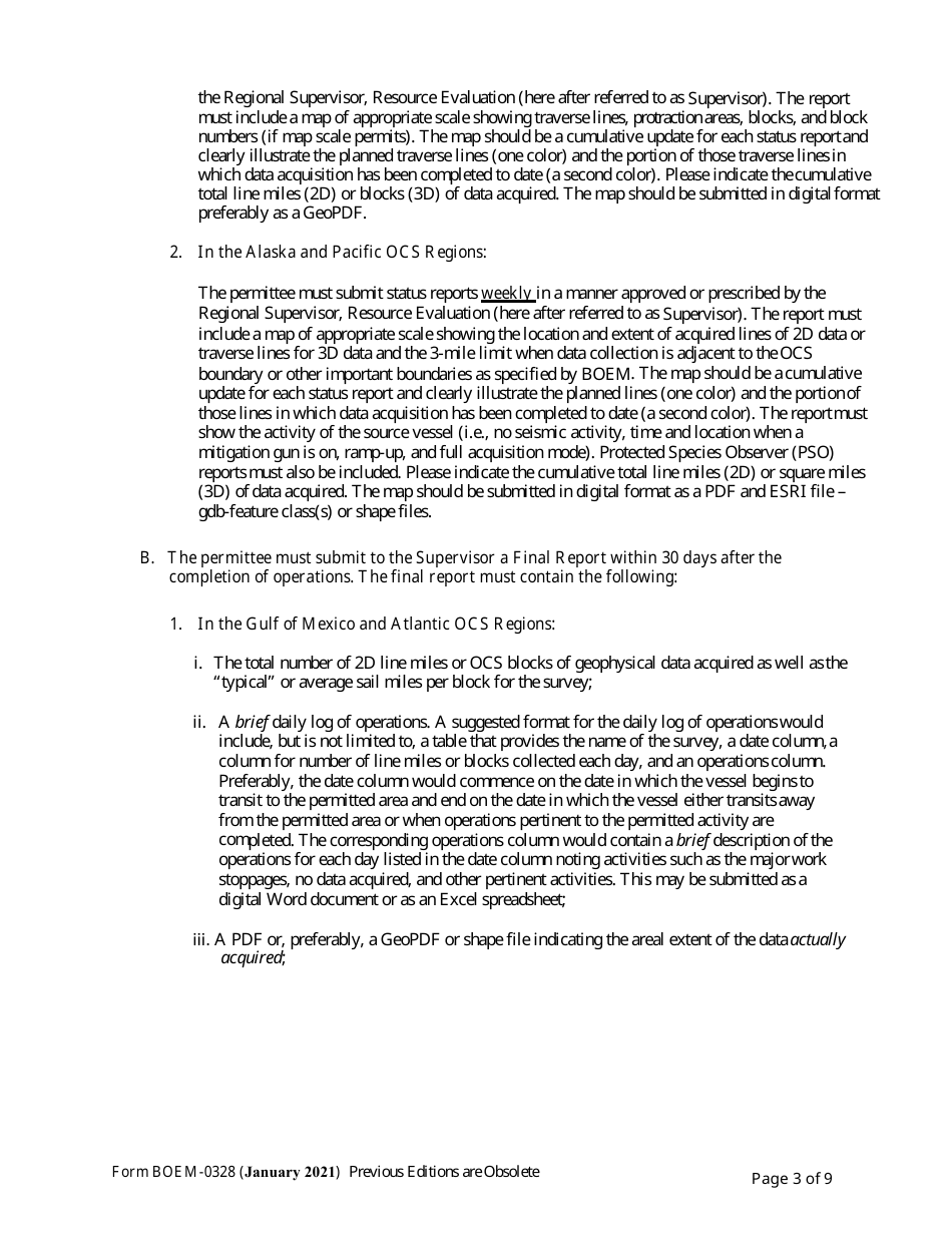 Form BOEM-0328 Permit for Geophysical Exploration for Mineral Resources or Scientific Research on the Outer Continental Shelf, Page 3