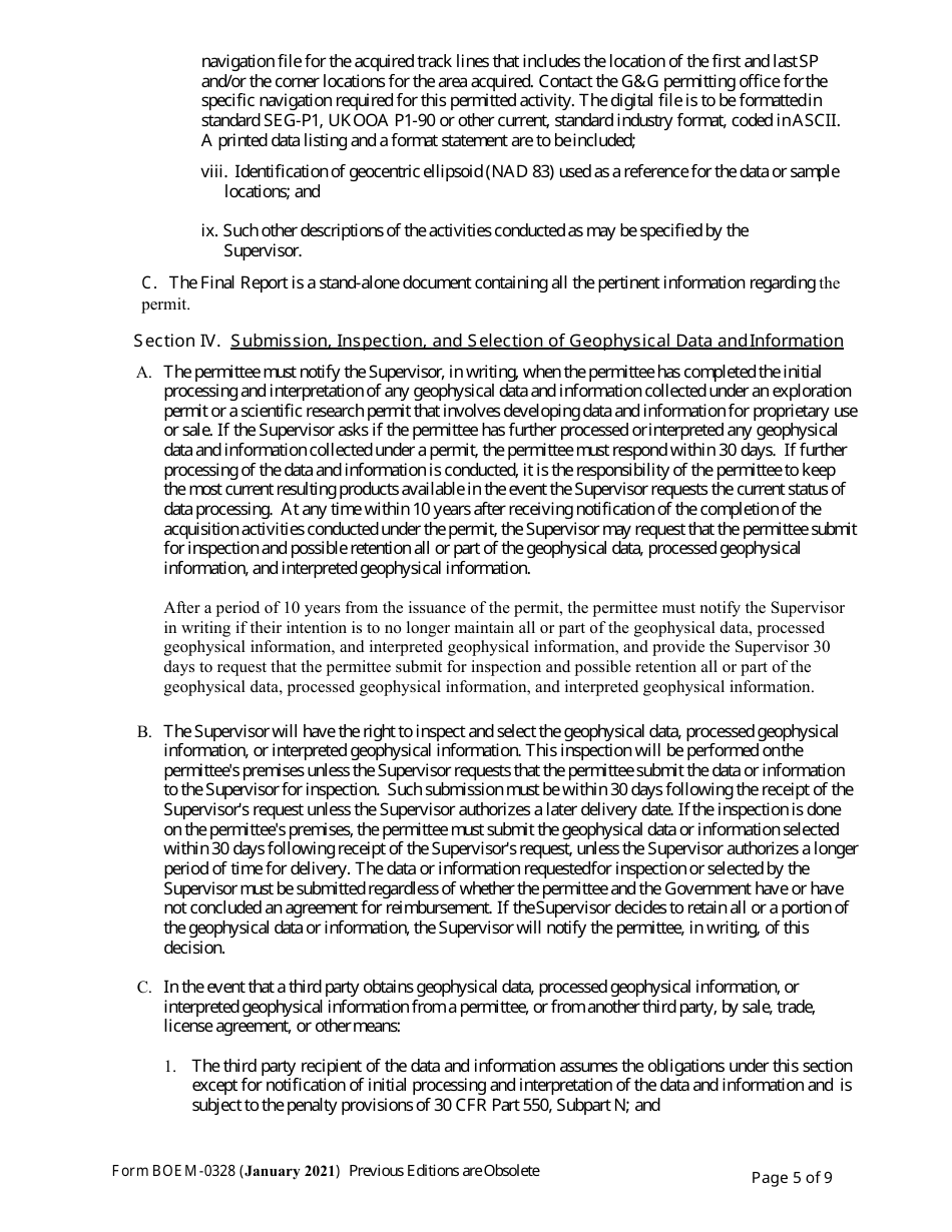 Form BOEM-0328 Permit for Geophysical Exploration for Mineral Resources or Scientific Research on the Outer Continental Shelf, Page 5