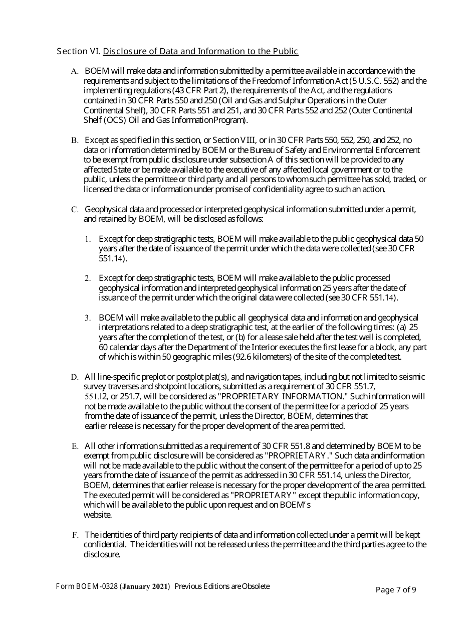Form BOEM-0328 Permit for Geophysical Exploration for Mineral Resources or Scientific Research on the Outer Continental Shelf, Page 7