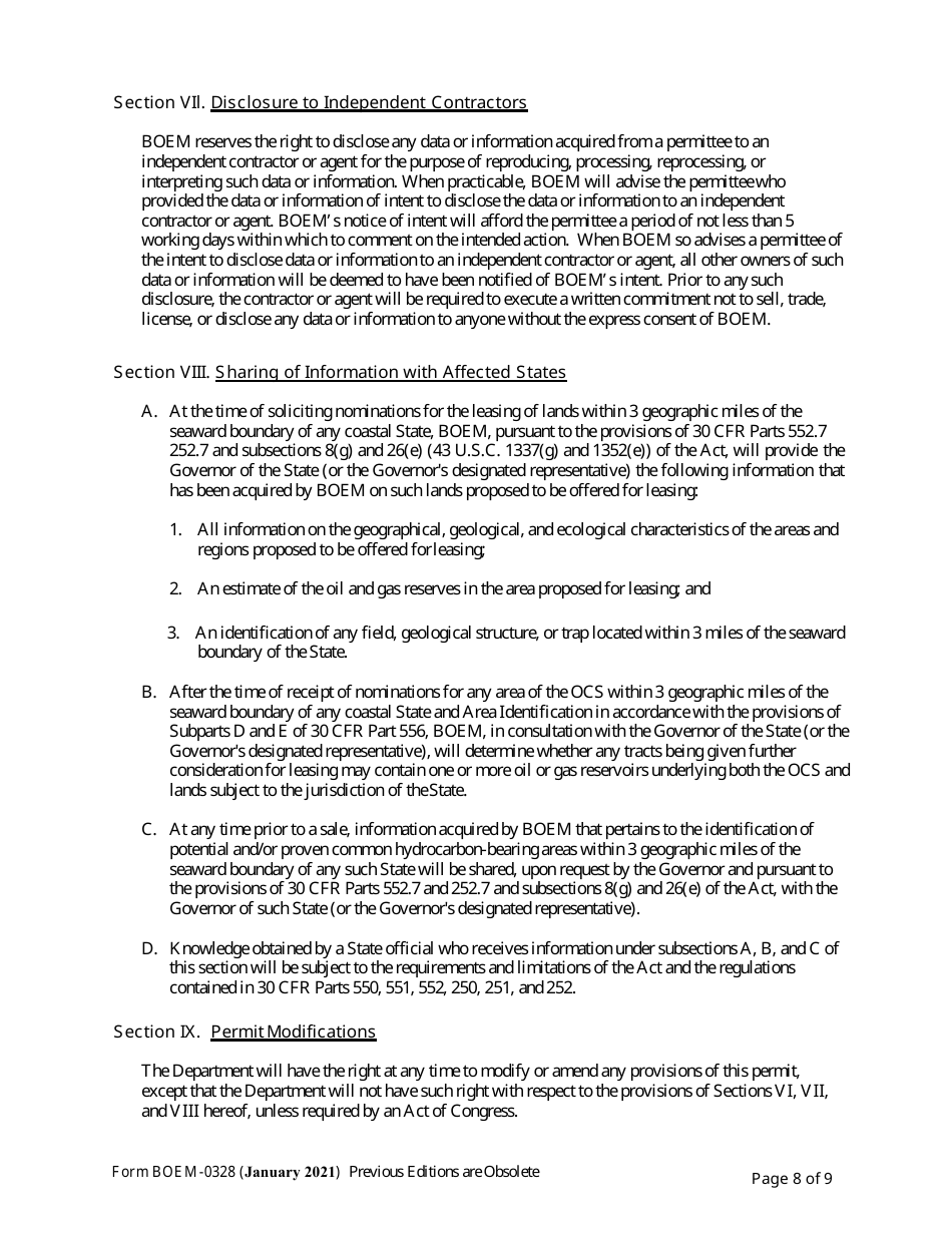 Form BOEM-0328 Permit for Geophysical Exploration for Mineral Resources or Scientific Research on the Outer Continental Shelf, Page 8