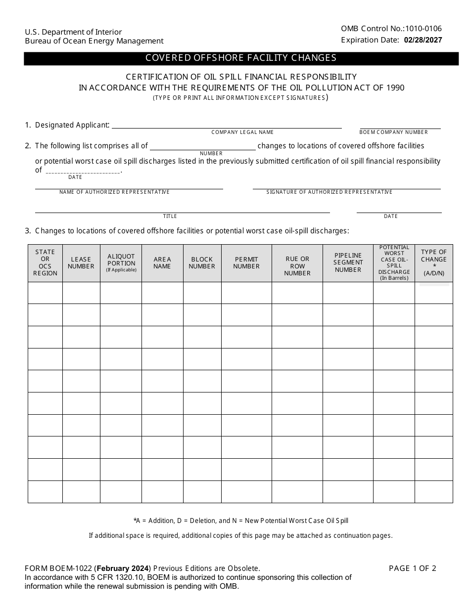 Form BOEM-1022 Download Fillable PDF or Fill Online Covered Offshore ...