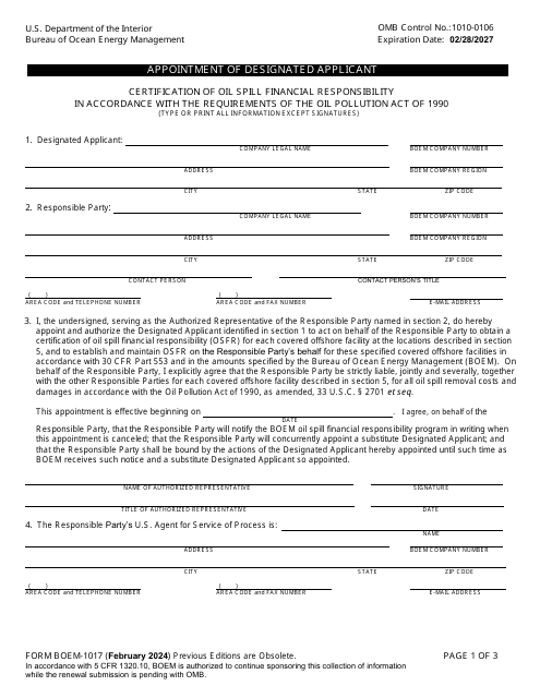 Form BOEM-1017 Appointment of Designated Applicant
