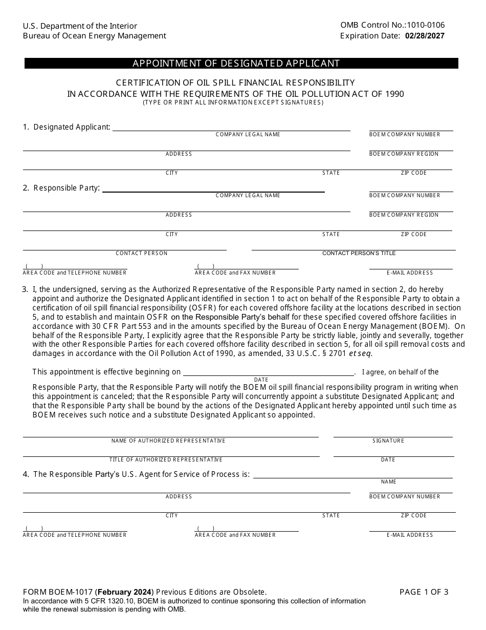 Form BOEM-1017 Appointment of Designated Applicant, Page 1
