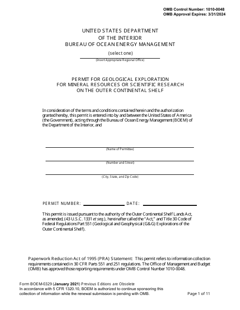 Form BOEM-0329 Permit for Geological Exploration for Mineral Resources or Scientific Research on the Outer Continental Shelf