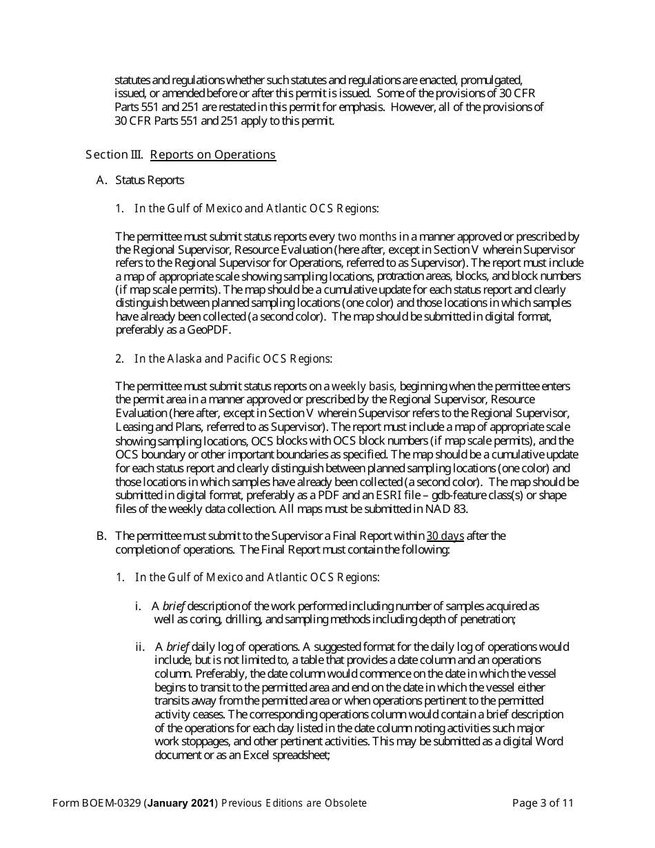 Form BOEM-0329 Permit for Geological Exploration for Mineral Resources or Scientific Research on the Outer Continental Shelf, Page 3