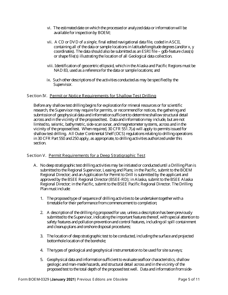 Form BOEM-0329 Permit for Geological Exploration for Mineral Resources or Scientific Research on the Outer Continental Shelf, Page 5