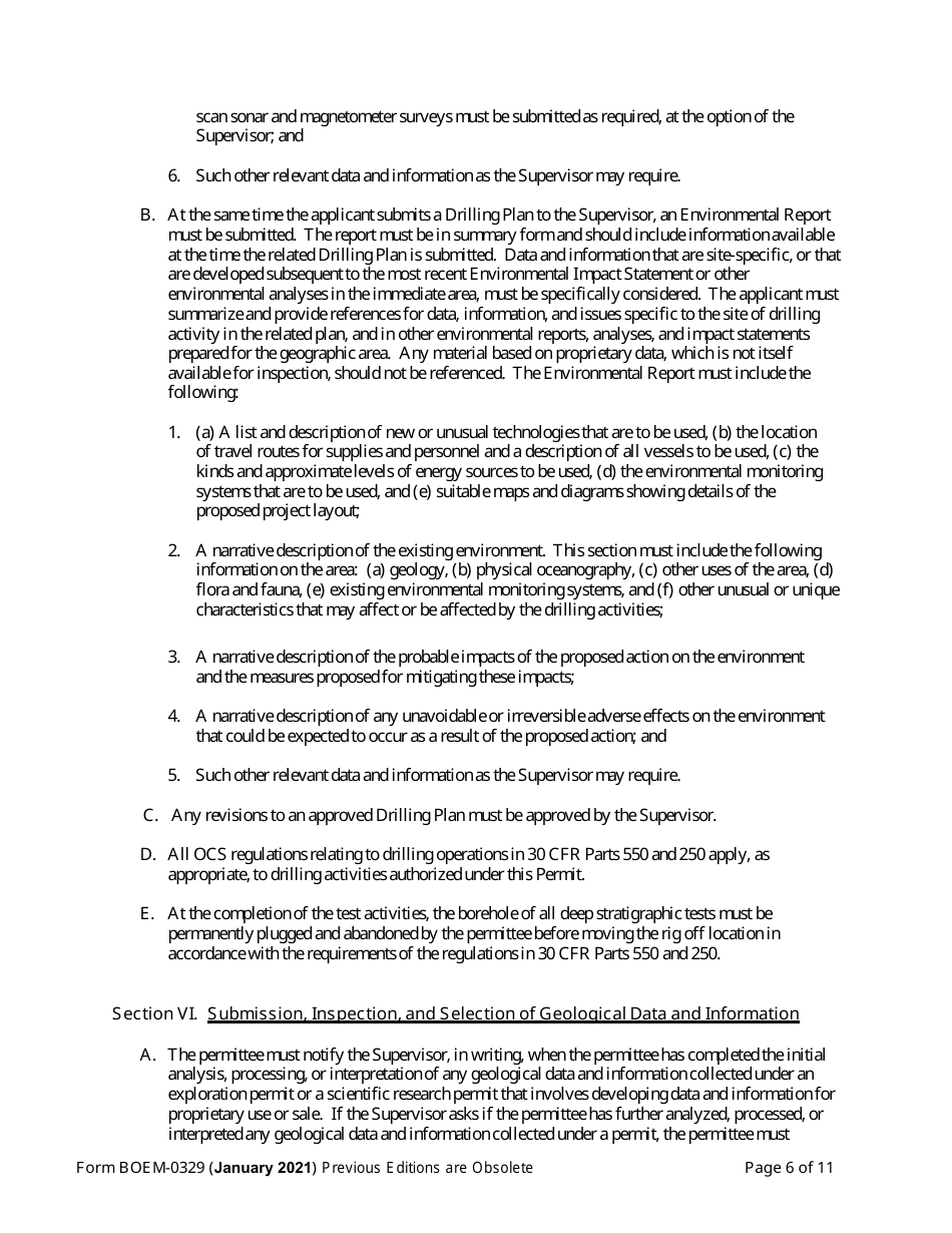 Form BOEM-0329 Permit for Geological Exploration for Mineral Resources or Scientific Research on the Outer Continental Shelf, Page 6