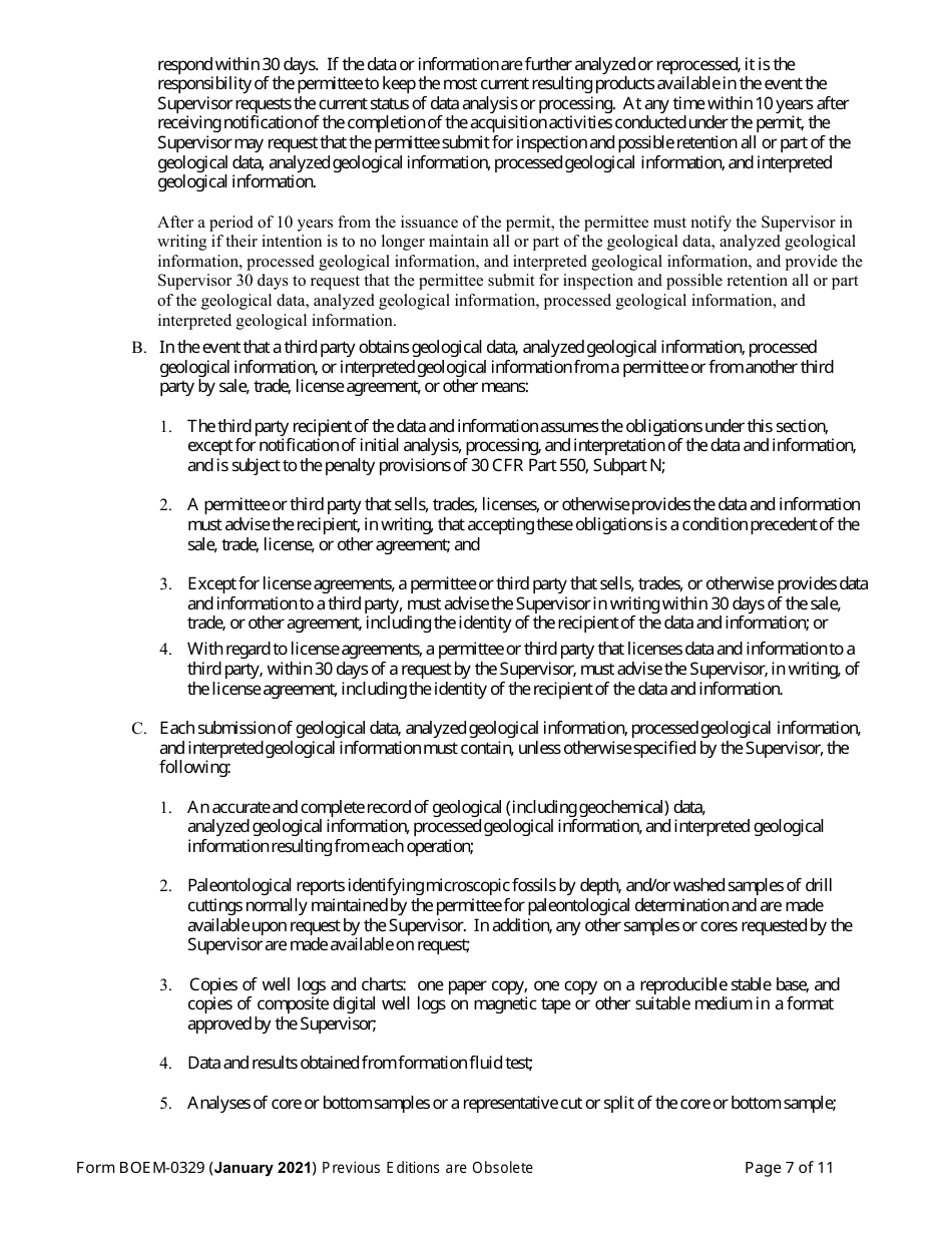 Form BOEM-0329 Permit for Geological Exploration for Mineral Resources or Scientific Research on the Outer Continental Shelf, Page 7