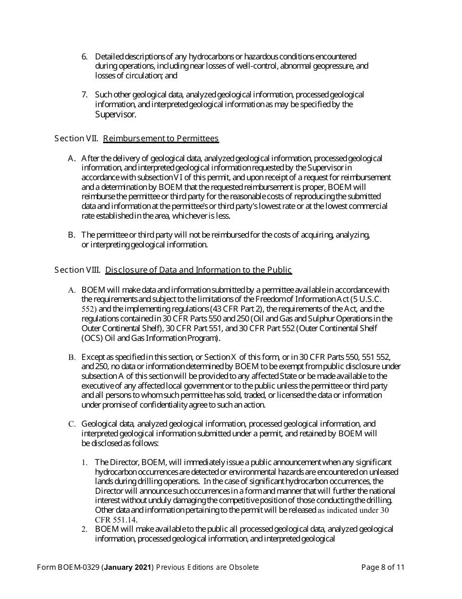 Form BOEM-0329 Permit for Geological Exploration for Mineral Resources or Scientific Research on the Outer Continental Shelf, Page 8
