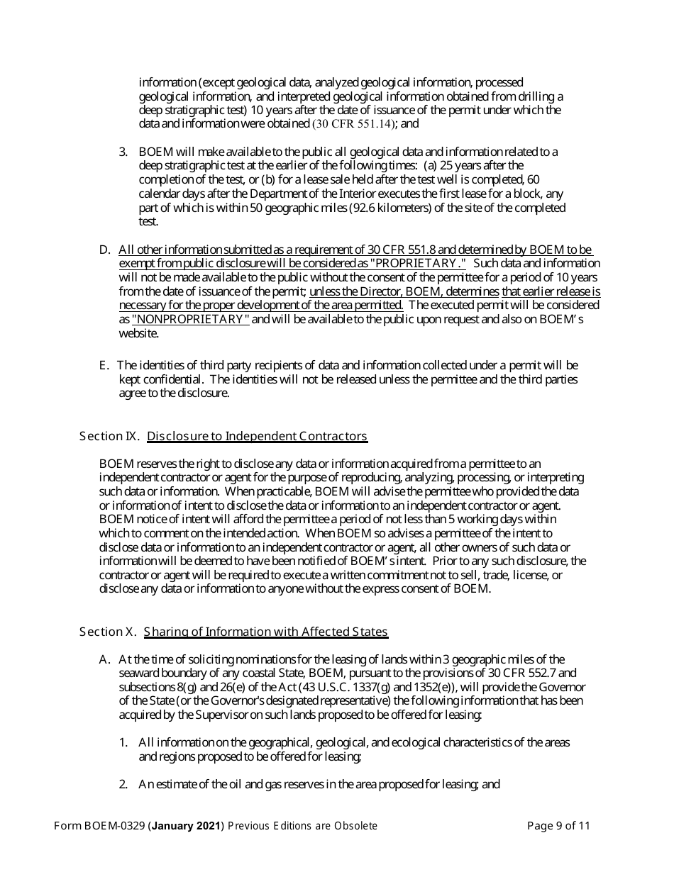 Form BOEM-0329 Permit for Geological Exploration for Mineral Resources or Scientific Research on the Outer Continental Shelf, Page 9