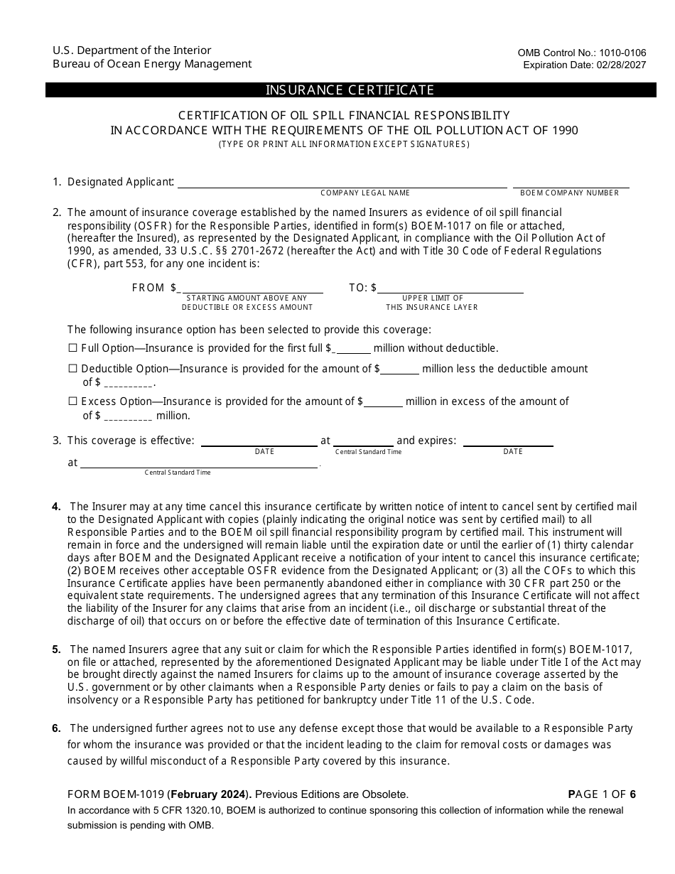 Form BOEM-1019 Insurance Certificate, Page 1