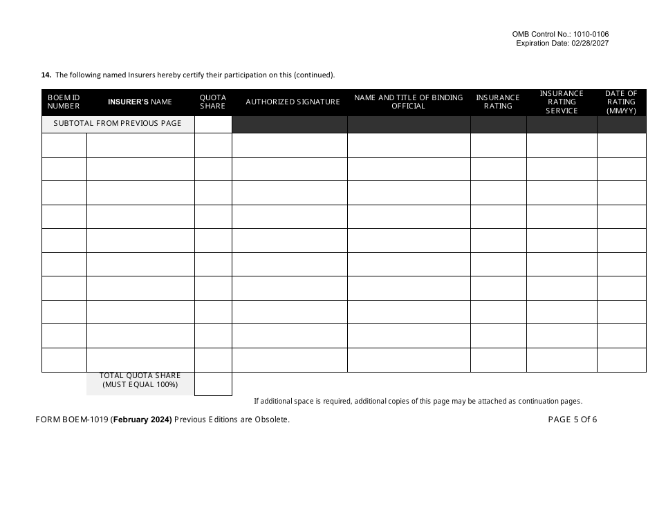 Form BOEM-1019 Insurance Certificate, Page 5