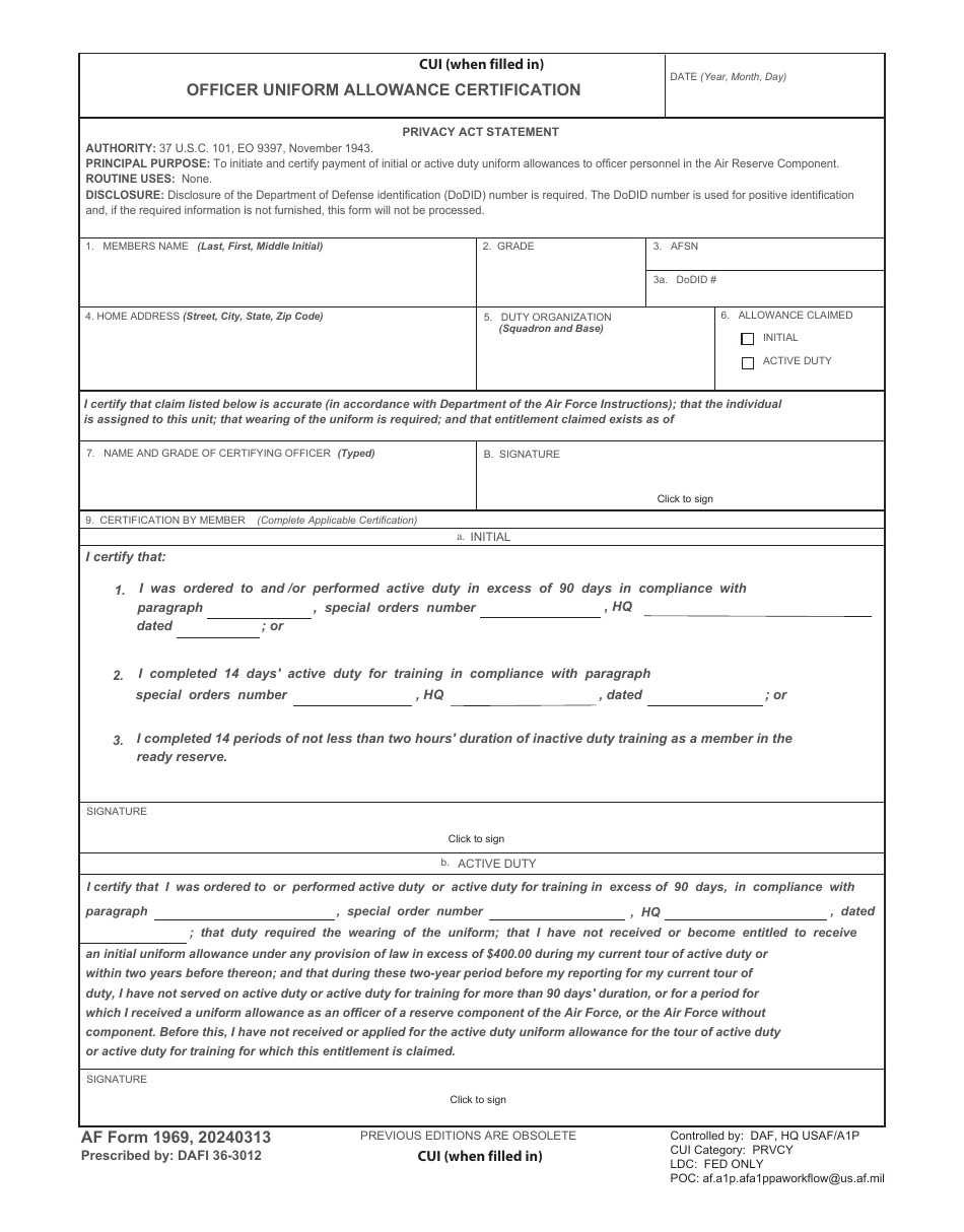 AF Form 1969 Officer Uniform Allowance Certification, Page 1
