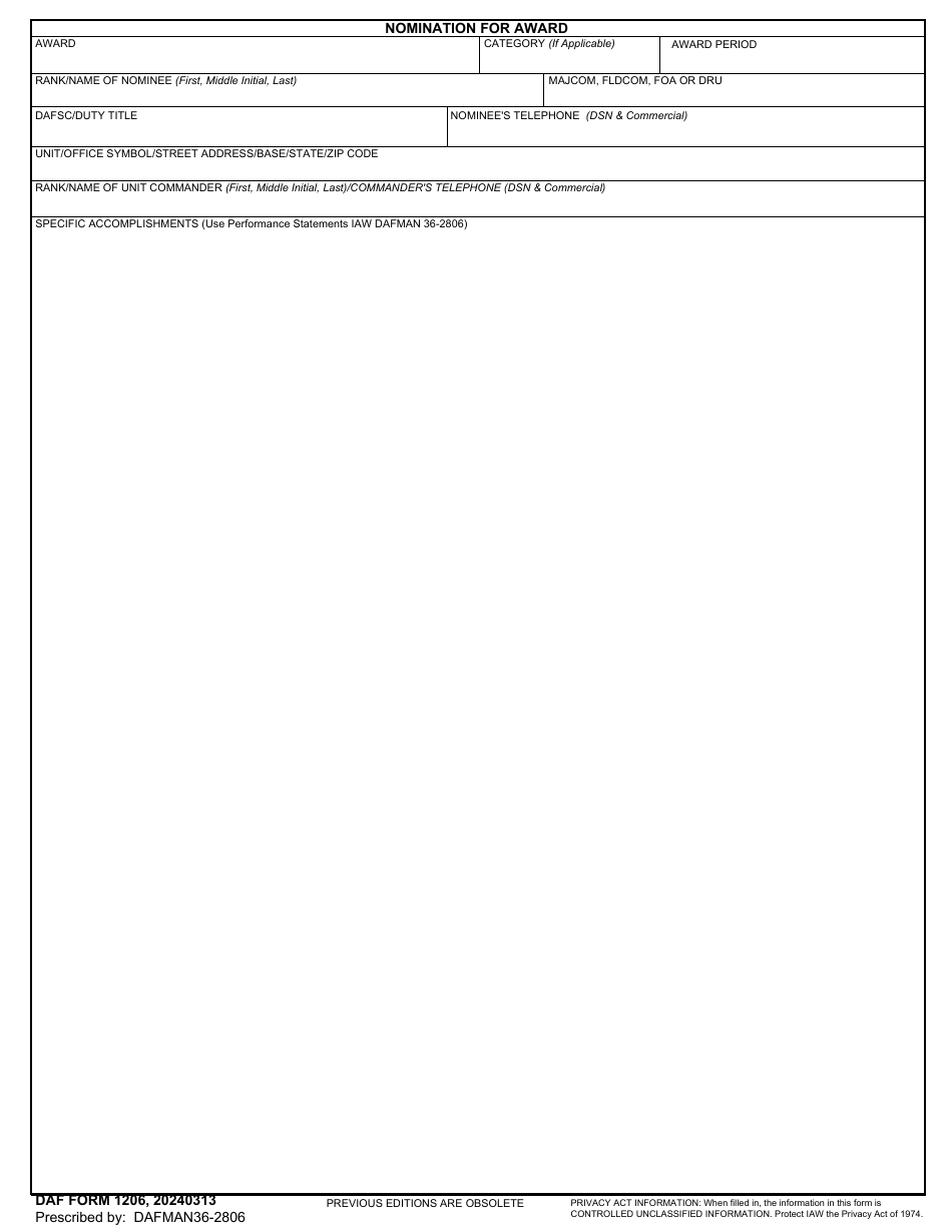 DAF Form 1206 Nomination for Award, Page 1