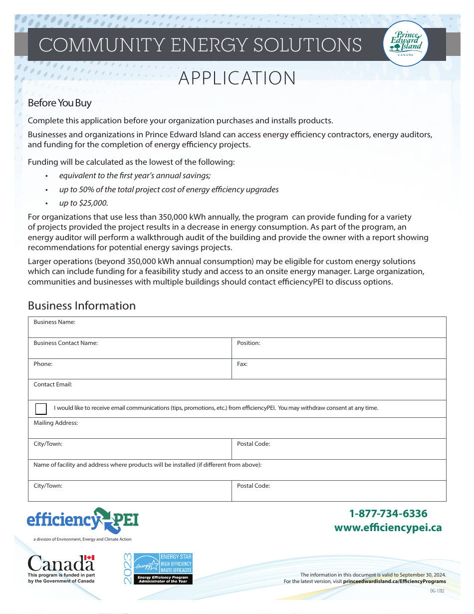 Form DG-1782 Community Energy Solutions Application - Prince Edward Island, Canada, Page 2