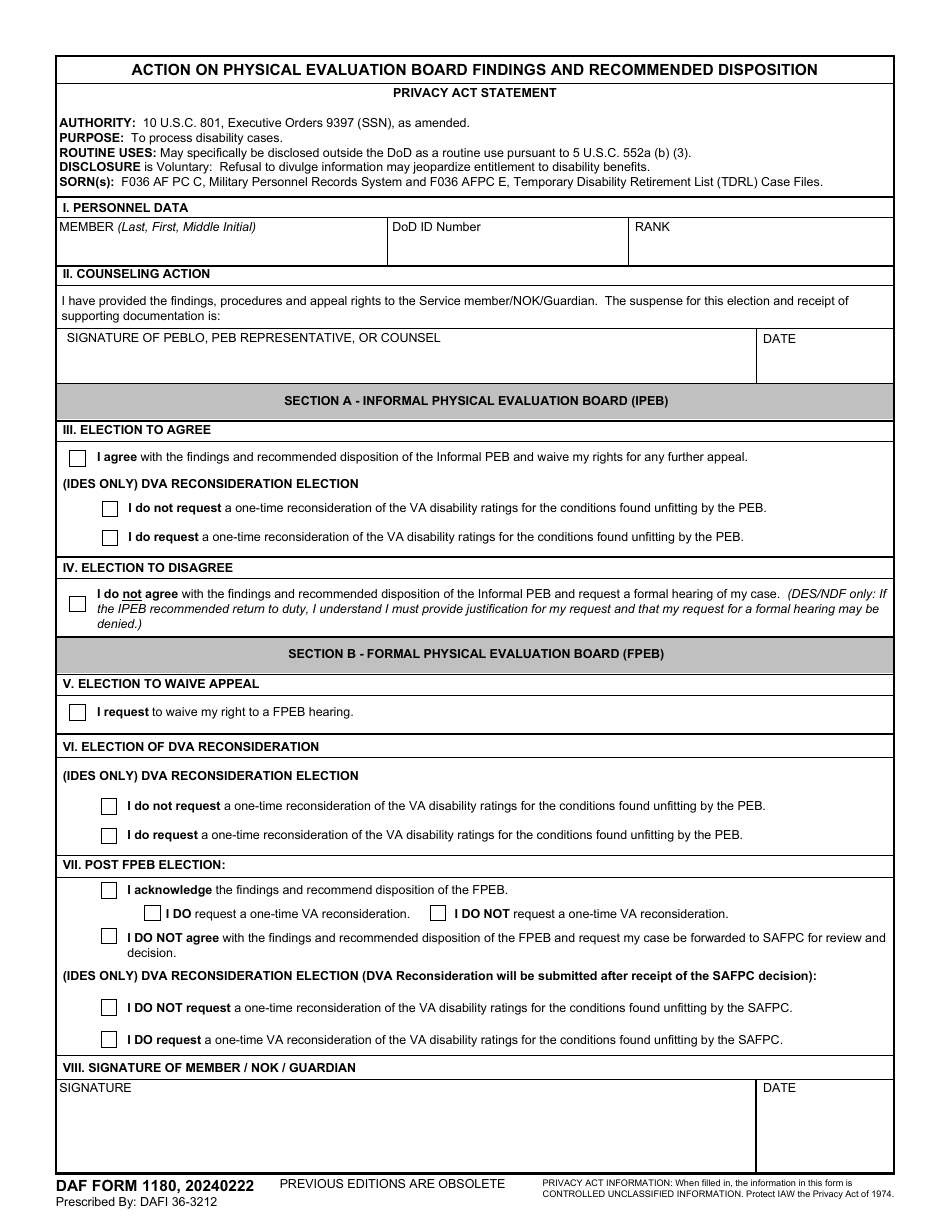 DAF Form 1180 Action on Physical Evaluation Board Findings and Recommended Disposition, Page 1