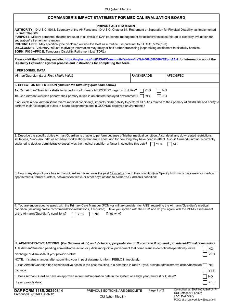 DAF Form 1185 Commanders Impact Statement for Medical Evaluation Board, Page 1