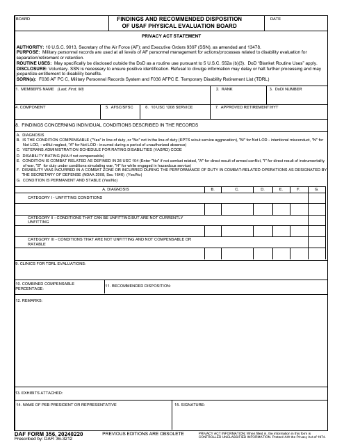 DAF Form 356 Findings and Recommended Disposition of USAF Physical Evaluation Board