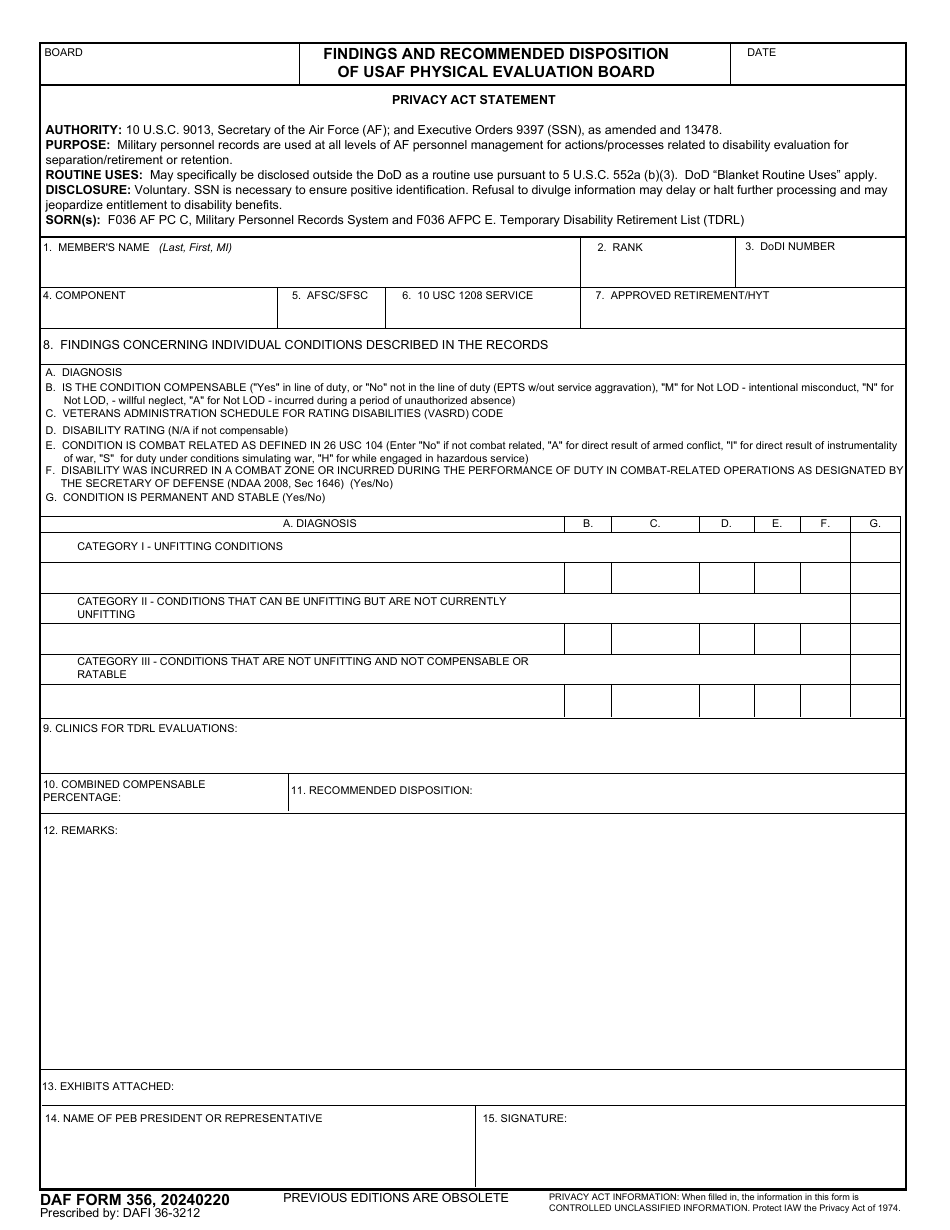 DAF Form 356 Findings and Recommended Disposition of USAF Physical Evaluation Board, Page 1