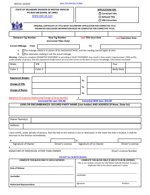 Form MV216 Application for: Corrected Title/Defaced Title/Vin Correction - Delaware