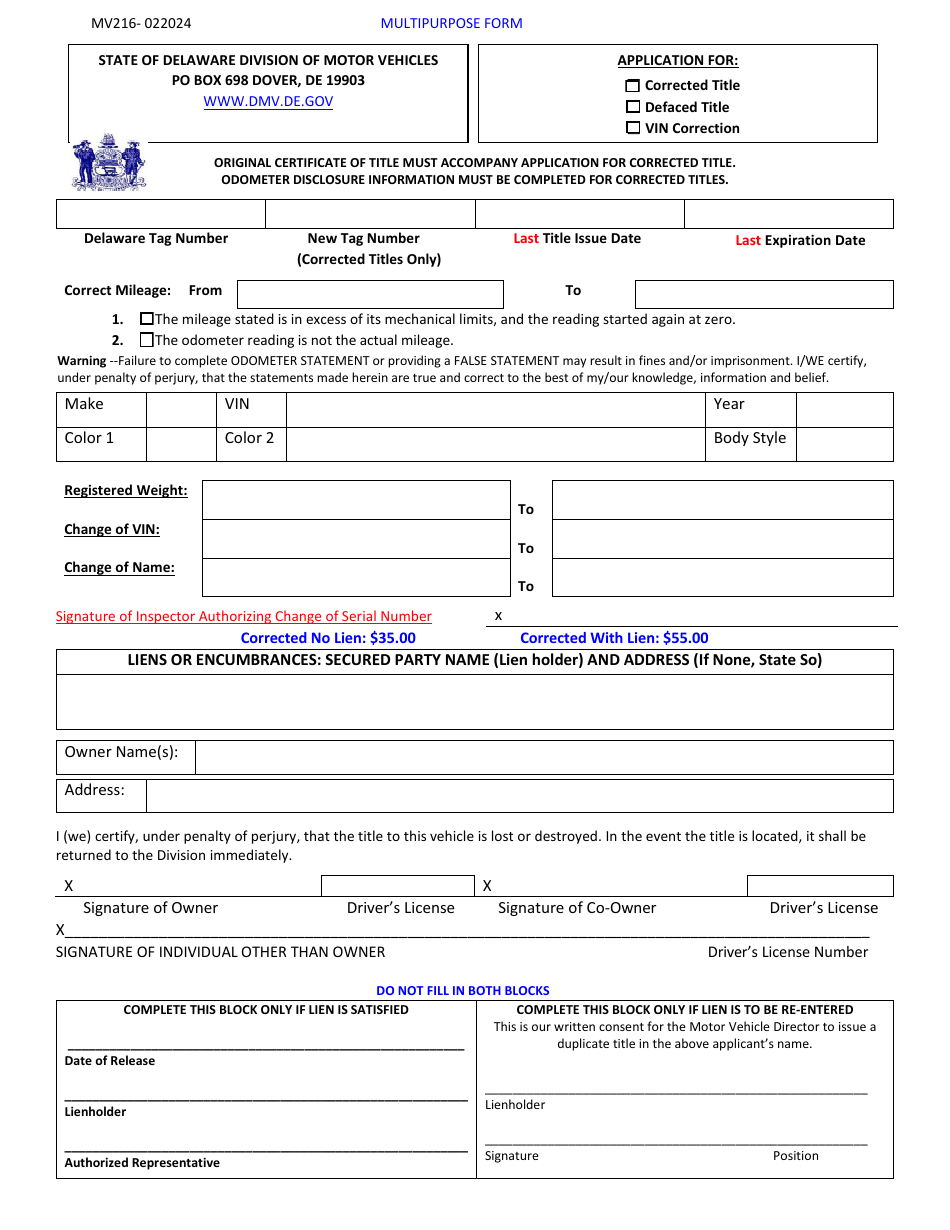 Form MV216 Application for: Corrected Title / Defaced Title / Vin Correction - Delaware, Page 1