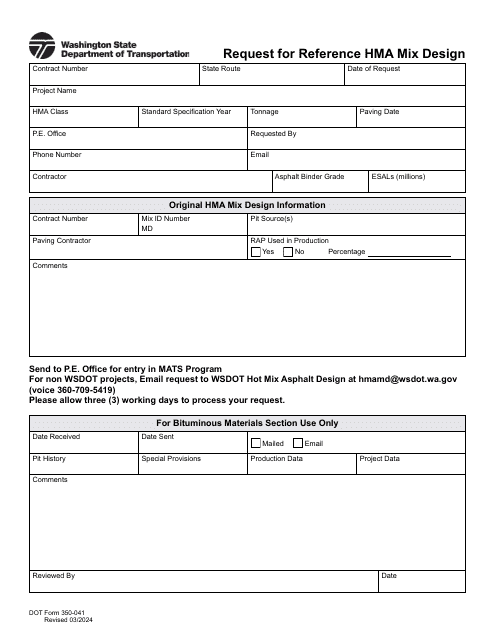 DOT Form 350-041 Request for Reference Hma Mix Design - Washington