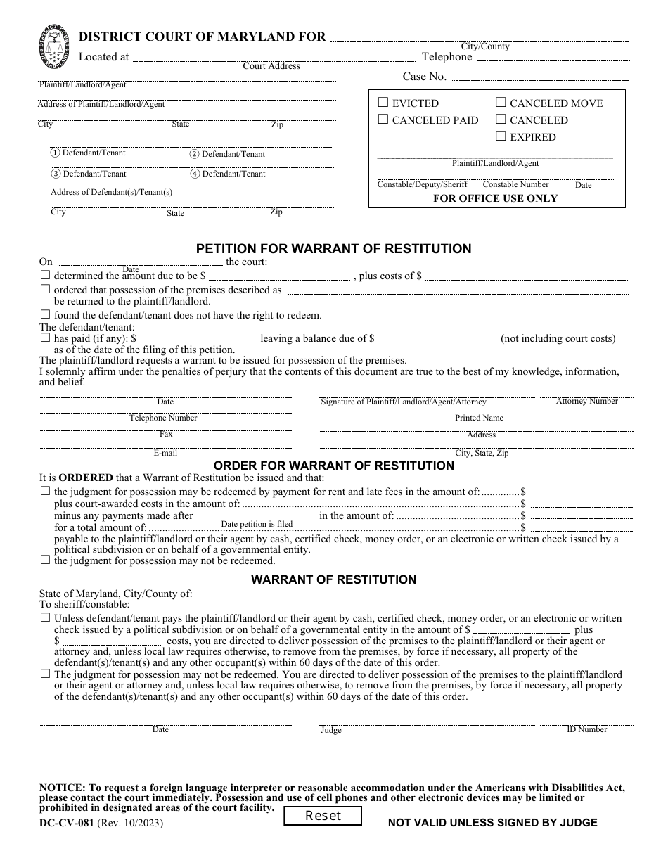 Form DC-CV-081PG Petition for Warrant of Restitution - Maryland, Page 1