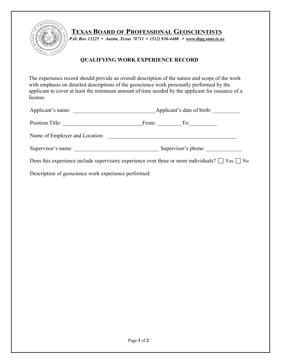 Qualifying Work Experience Record - Texas, Page 1