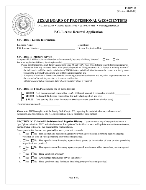 Form B P.g. License Renewal Application - Texas