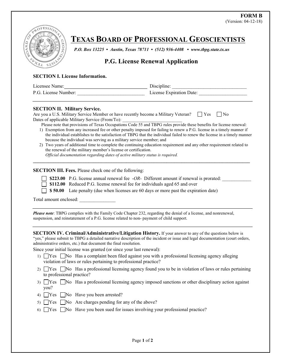 Form B P.g. License Renewal Application - Texas, Page 1
